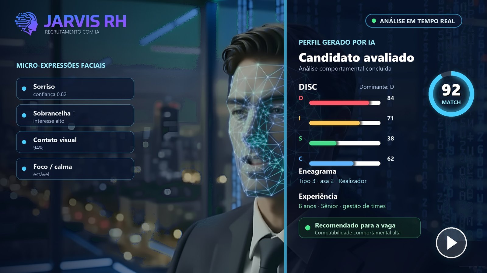 Jarvis RH analisando um candidato — clique para assistir ao vídeo